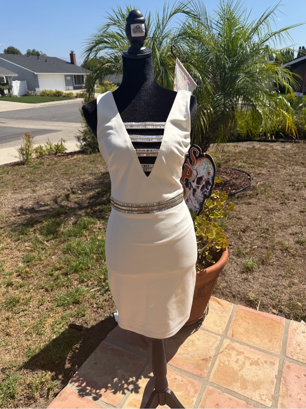 bebe Cream Plunge Bodycon Mini Dress with Beaded Waist